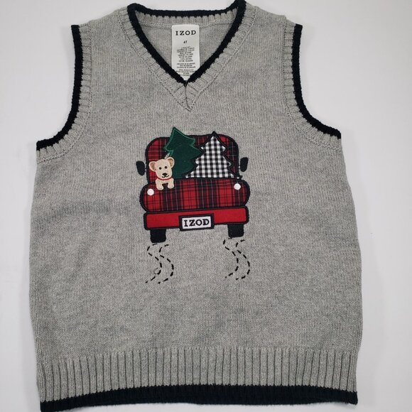 IZOD Vest Boy's 4T Christmas Holiday Sweater Knit Red Truck Dog Tree - Picture 1 of 6